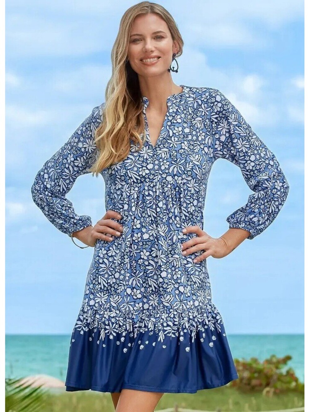 New Cabana Life Seaside Floral Relaxed Dress Blue & White Sun-Protective Size XS